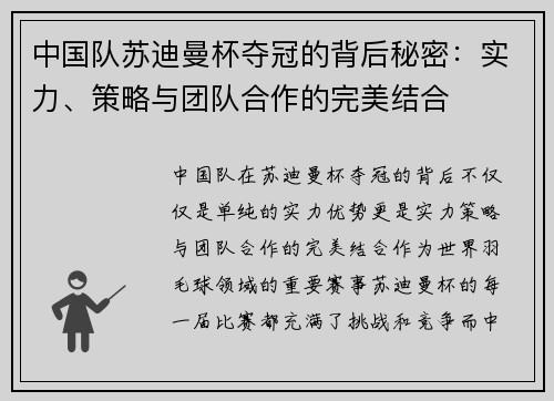 中国队苏迪曼杯夺冠的背后秘密：实力、策略与团队合作的完美结合
